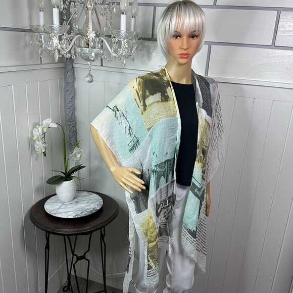New Newsprint looking Gauze Shawl Vest Kimono Can also use as a Scarf NWOT - Picture 1 of 7